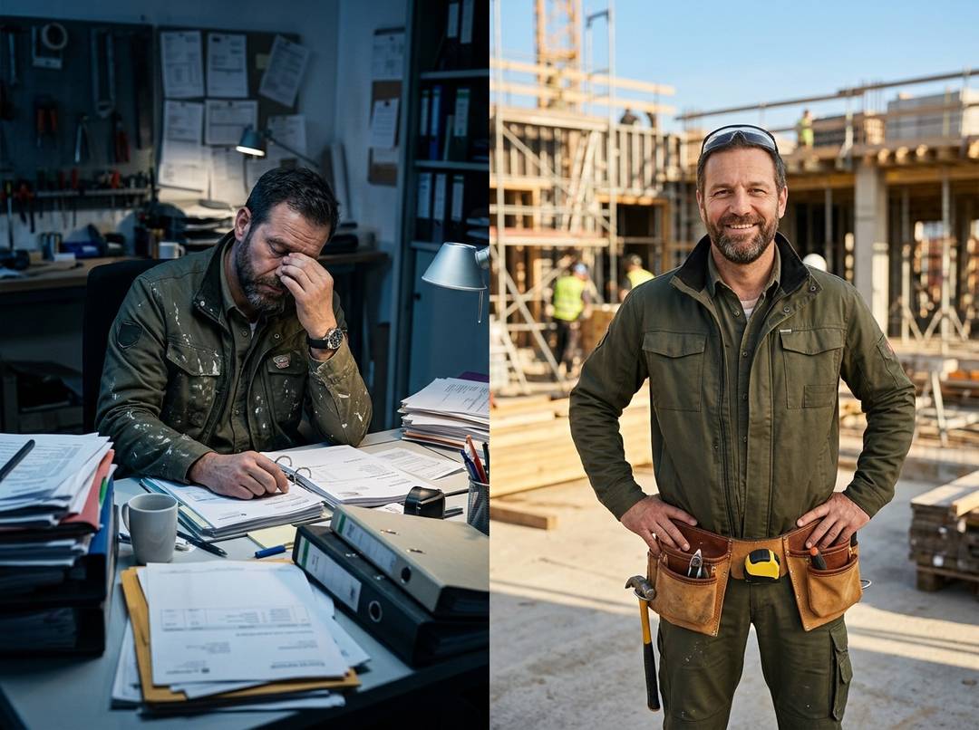 Links: Handwerker abends erschöpft über Papierstapeln im Büro. Rechts: derselbe Handwerker entspannt auf der Baustelle — das Büro läuft.