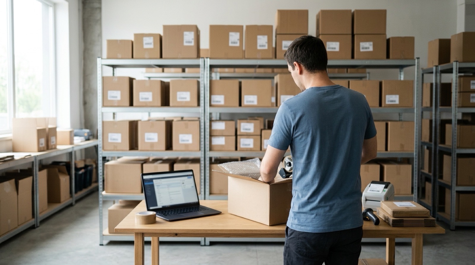 Kleines Versandlager mit Kartons und Laptop auf dem Packtisch